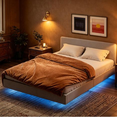 Schwimmbettrahmen 140x190 cm mit LED-Beleuchtung – Modernes Leinen-Doppelbett mit RGB-Lichter, Holzlattenrost & stabiler Tragkraft (1/5)