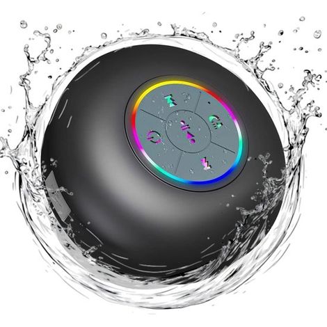 Altoparlante Bluetooth impermeabile con LED, IPX4, wireless portatile, vivavoce, microfono integrato, ventosa, ricaricabile – per bagno, spiaggia, casa, smartphone, tablet (nero). (1/5)