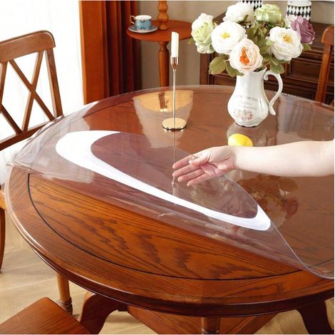 Nappe de table ronde en verre cristal souple, plastique PVC transparent, imperméable, anti-brûlure, lavable, protection de table à manger, lot de 2, 150 cm, résistante aux taches (1/5)