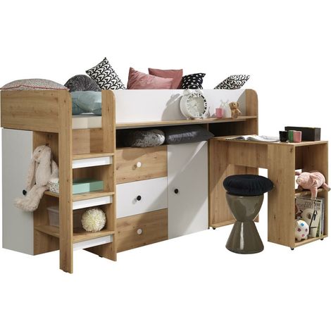 Lit haut Hartford 359, Chêne Artisan + Blanc, Unique, 90x200, Stratifié, Sommier à lattes, 199x204x125cm (1/5)