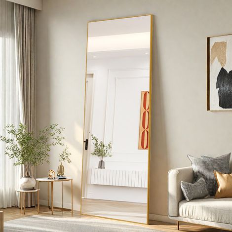 Miroir en pied rectangulaire 164 x 54 cm–Grand miroir de maquillage–Cadre en aluminium doré à bords fins–Verre trempé–Style moderne–Salon/chambre (1/5)