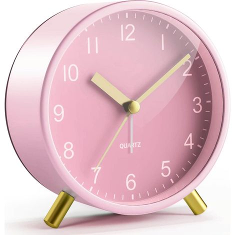 Réveil analogique rose pour filles, réveil de bureau silencieux sans tic-tac en or rose avec veilleuse, jolie horloge de chambre en métal pour femmes, décor de chambre pour adolescentes (rose (1/5)