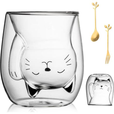 Tasse Double Paroi Mignonne, 200 ml Motif Chat Mignon pour Cappuccino latte Macchiato thé Glace et lait pour Femmes Noël Pour thé lait Café Cadeau D'anniversaire, Chat (1/5)