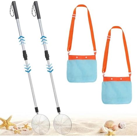 2 pièces tamis à sable avec sacs coquillages, 55-84 cm tamis à dents de requin réglable, pelle rétractable pour ramasser coquillages, chasse aux trésors et roches