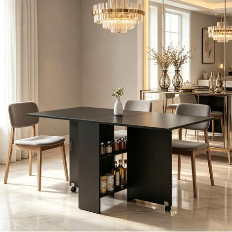 Table de salle à manger extensible 140x75x74 cm en panneaux de bois noir, gain de place FloraGrace (1/5)