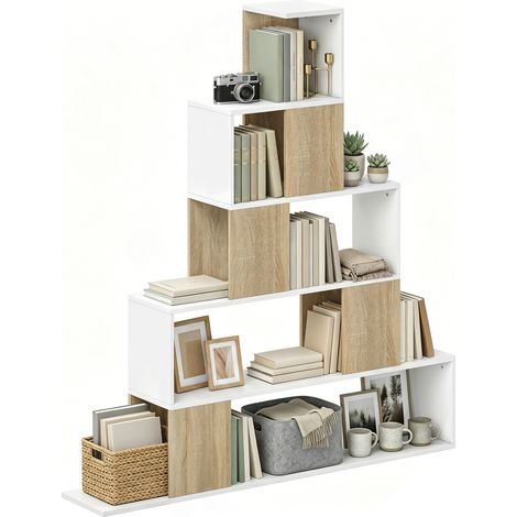 HOMCOM Scaffale 5 Ripiani con Design a Gradini Bianco e Naturale (1/5)