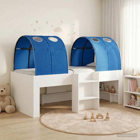 Lit haut enfant avec tunnel 3 pièces en bois d’ingénierie blanc et bleu 193 x 96 cm - PANGIVO (1/5)