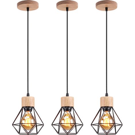 (3PCS)Suspension Luminaire Rétro Lampe À Suspension Vintage Noir, Plafonnier D'Intérieur Moderne En Métal Et En Bois (1/5)