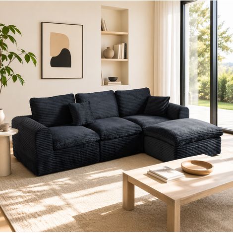 Divano angolare modulare 3-in-1 in velluto a coste, convertibile in L, dritto o letto, nero (1/5)
