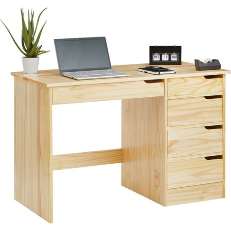 Idimex – Bureau droit en pin massif naturel – 5 tiroirs avec ouvertures biseautées – Dimensions 76 x 114 x 54 cm – Style nordique