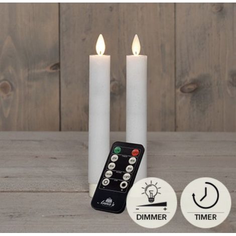 Flackernde LED-Kerzen (2er-Set) – 18 cm – Weiß – Fernbedienung – Timer – Dimmer – Rustikale Wachskerze fürs Abendessen – Batteriebetriebene LED-Kerze