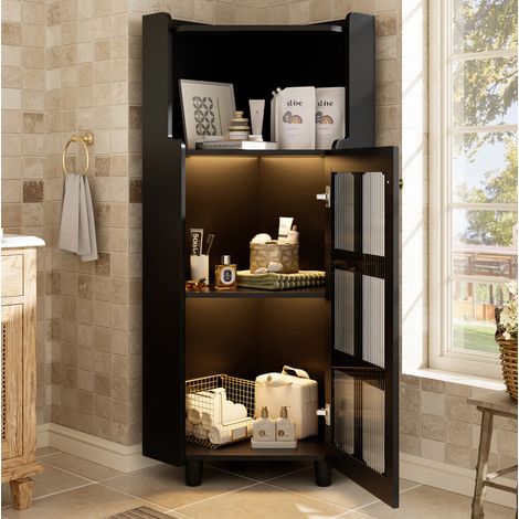 Armario esquinero LED con estante abierto y vitrina 63,5 x 124 cm de MDF negro - OKWISH (1/5)