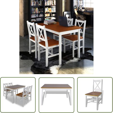 The Living Store 5-tlg. Essgruppe Braun und Weiß - Esstisch - Essgruppe - Holztisch - Kiefernholz - Esszimmermöbel (1/5)