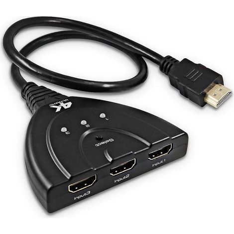 Câble commutateur HDMI à 3 ports, compatible 1080p, 3D, 4K et UHD, 3 entrées HDMI et 1 sortie, commutation libre des appareils (1/5)