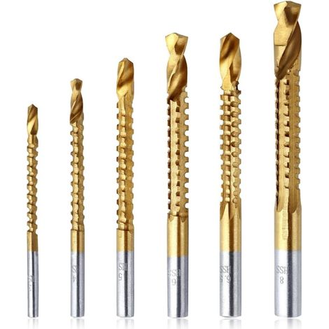 6Pcs forets 3-8mm foret de coupe latérale dentelée foret Impact titane enduit HSS torsion forets titane HSS perceuse & scie outils de travail du bois pour trou de bois en plastique