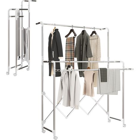 Pour linge lourd et robes longues : déplacement facile, séchoir pliable à roulettes en acier inoxydable argent (1/5)