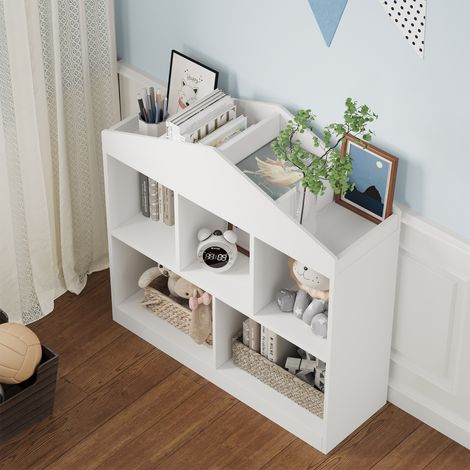 Meuble de rangement pour enfants en bois - Bibliothèque à 5 compartiments ouverts pour jouets et livres - Idéal chambre, salle de jeux ou crèche - Solide et facile d'accès - Couleur blanche (1/5)