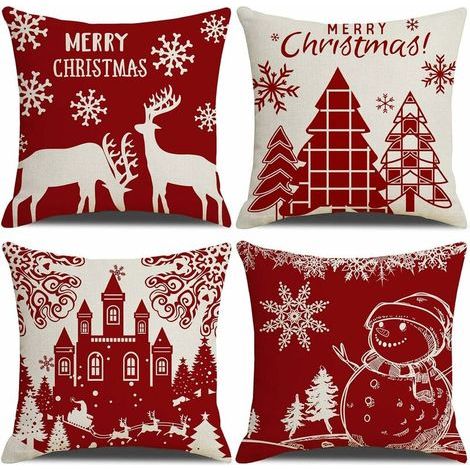 Christmas Cushion Cover 45x45cm, Set of 4 Christmas Decorative Cotton and Linen Sofa Cushions for Sofa, Bed, Bedroom, Chair, Garden - Red Christmas Decoration (1/5)