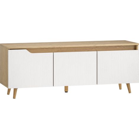 Meuble TV 120 cm pour téléviseur jusqu'à 55 pouces - Chêne et blanc - 3 portes et étagère réglable - Pour salon - Design moderne et pratique (1/5)