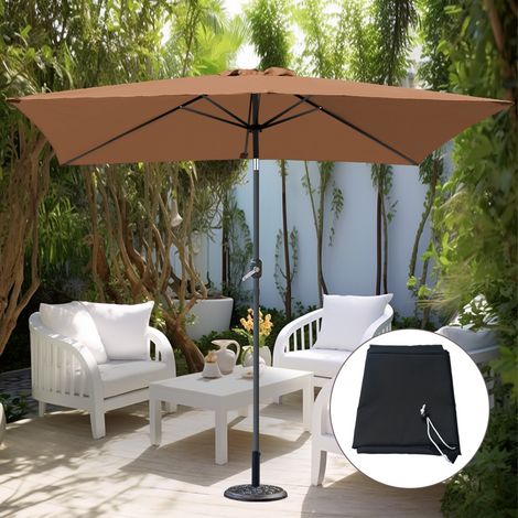 2x3M Rectangular Coffee Garden Parasol Crank Tilt Umbrella w/ Base Cover (1/5)