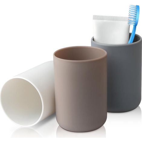 Ensemble de 3 porte-brosses à dents - Plastique alimentaire - Incassable - Couleurs : blanc, gris, marron - Idéal pour la salle de bain (1/5)