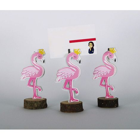 TrAdE Shop Traesio - Portafoto Fenicottero Rosa 3pz Base Legno Design Segnaposto Tavolo Bomboniera Festa -