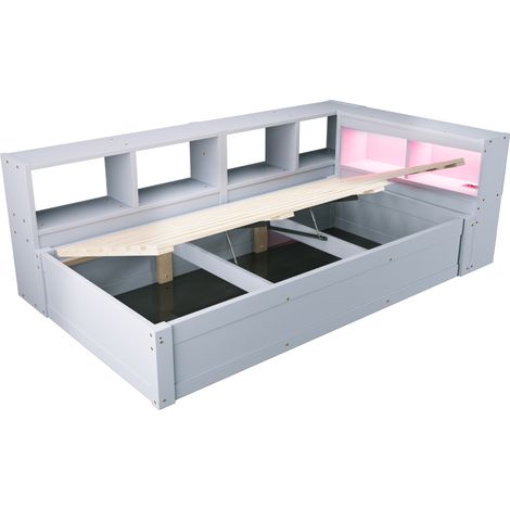 Letto multifunzione 90 x 200 cm grigio con prese, LED e vani portaoggetti MODENUIT (1/5)