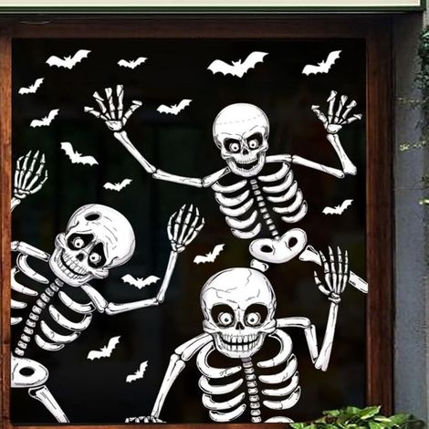 Autocollant Halloween - Fresque Piège à Fantômes - Château de l'Horreur - Style Chauve-Souris Squelette - Fresque Autocollante - Décoration Intérieure Halloween - 29 x 37 cm, Lot de 4 - Décoration Sta (1/4)