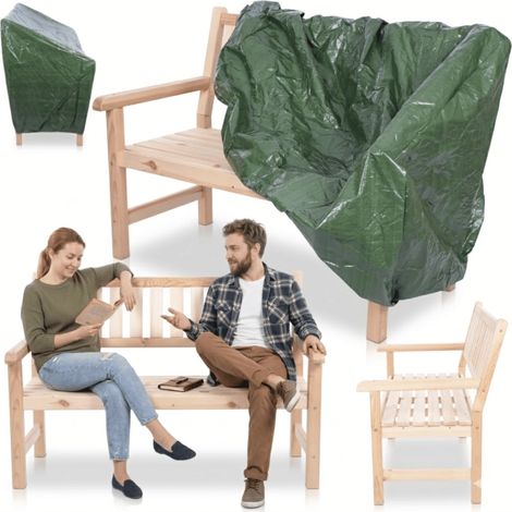 MODO24 Banc de jardin MIRA bois de pin FSC, 2 places 90x117x70 cm, housse bâche verte 120 g/m², terrasse/balcon, naturel brut (1/5)