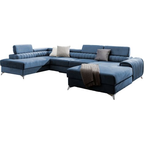 Canapé en U convertible KALANTE tissu - Coffre de rangement et appuie-têtes réglables à gauche-Bleu charrette-Coffre à gauche (1/5)