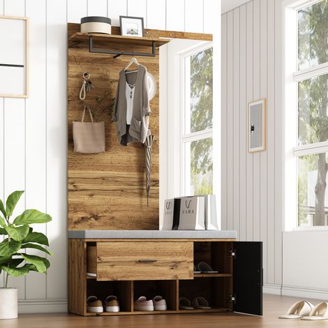 Meuble à chaussures d'entrée 104 x 39 x 190 cm avec miroir, banc rembourré, chêne OKMYHOME (1/5)