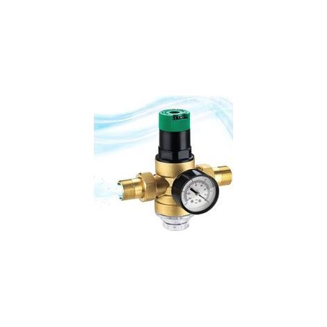 Réducteur de pression d’eau 3/4″ avec manomètre intégré et filtre à mailles fines – pour robinets d’arrosage extérieurs, systèmes de chauffage au gaz et installations domestiques (1/5)