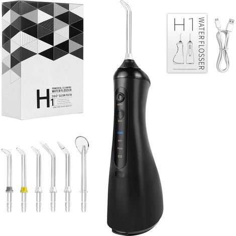 Fil dentaire à eau électrique sans fil, équipé de 6 buses et 3 modes, réservoir d'eau de 350 ml, chargement USB, étanche IPX6, adapté aux voyages et à la maison, noir (1/5)
