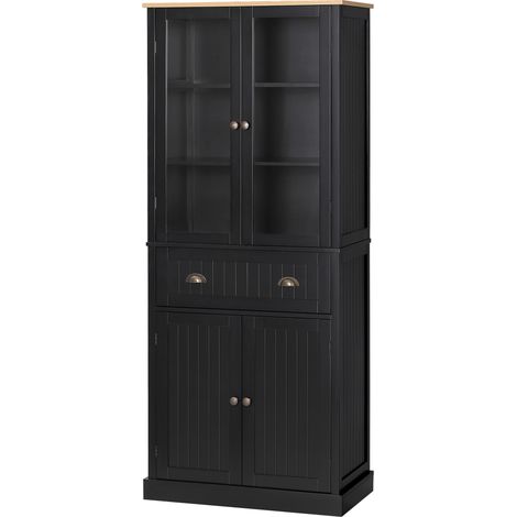 Küchensideboard mit 4 Türen (2 Glastüren), 1 Schublade, verstellbaren Einlegeböden – schwarz