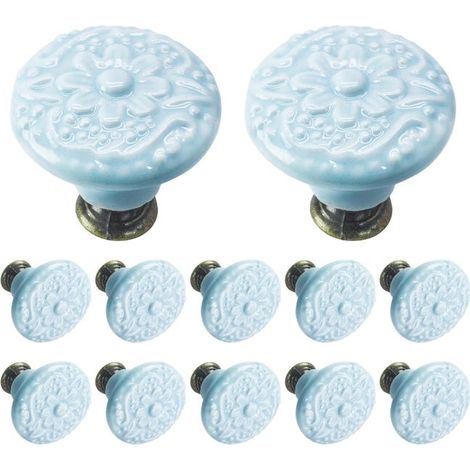 royaluxe - Lot de 12 boutons en céramique Bleu clair - pour tiroirs, commodes, armoires de cuisine – Poignées décoratives