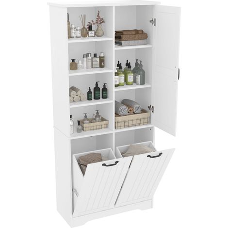 Badezimmerschrank mit 1 Tür, 4 offenen Fächern und 2 Wäschekörben, Verstellbarem Regal, aus MDF, Weiß, 78×35×172.7 cm (1/5)