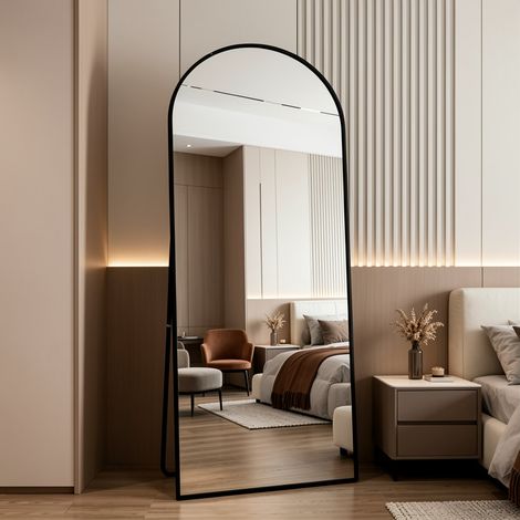 Miroir sur pied arqué 180×80cm, miroir pleine longueur avec verre trempé haute définition, miroir plein corps avec support réglable，miroir de sol, style moderne,cadre en alliage d'aluminium, Noir