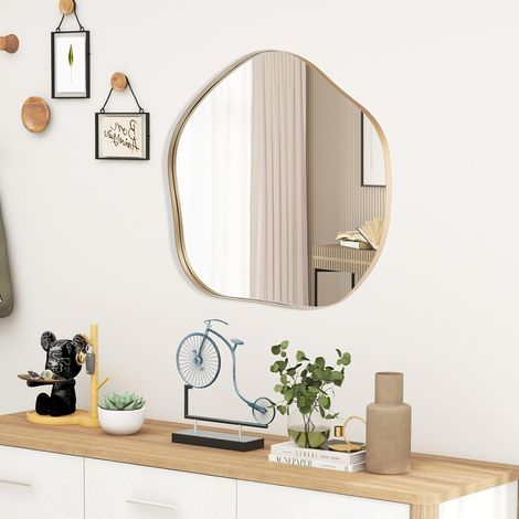 COSTWAY unregelmäßiger Wandspiegel, asymmetrischer Spiegel, gerahmter Hängespiegel, moderner Kosmetikspiegel Wand, dekorativ für Flur Badezimmer Schlafzimmer (Golden, 75 x 70 cm) (1/5)