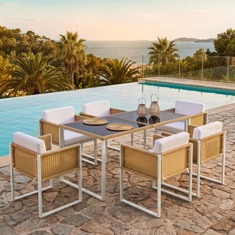 Ensemble table chaises jardin polyrotin repas 6 personnes fauteuils housses amovibles lavables