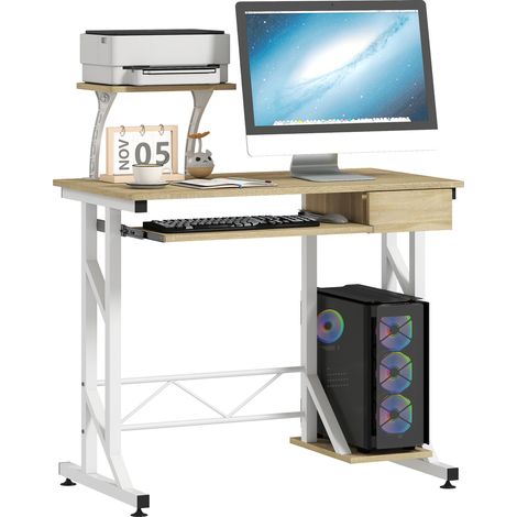 HOMCOM mesa de escritorio mesa de estudio con bandeja de teclado y cajón mesa de ordenador para despacho oficina 90x50x100 cm roble (1/5)