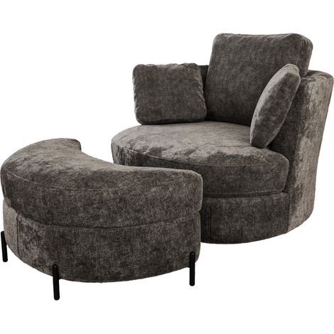 Fauteuil surdimensionné moderne avec repose-pieds de rangement en forme de lune, en chenille gris, 3 coussins indépendants, rembourrage haute élasticité – fauteuil de lecture confortable pour salon
