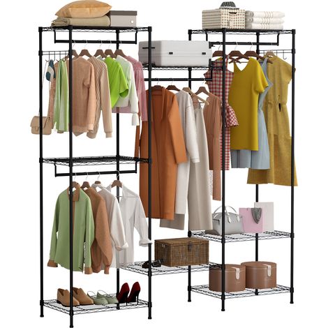 Penderie robuste autoportante – 4 barres de suspension, 8 étagères, 8 crochets – Armoire à vêtements réglable, rangement pour chambre ou dressing – Imposant stabilité, montage simple, coloris noir