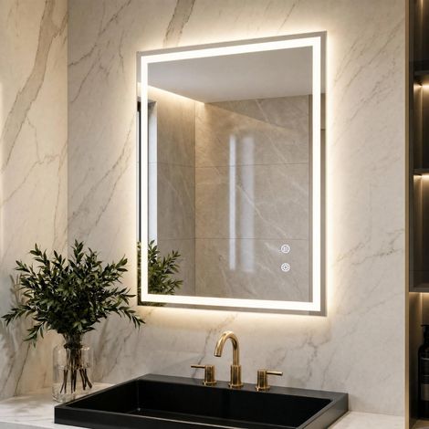 Miroir de Salle de Bain avec Éclairage 70 x 50 cm, LED, Anti-Buée, 3 Couleurs de Lumière, Intensité Variable, Contrôle Tactile, Miroir Mural Éclairé (1/5)