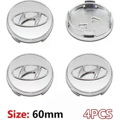 Lot de 4 enjoliveurs (60 mm), en ABS, compatibles avec Hyundai Genesis N-LINE, i10, i20, i30, i40, ix20, ix35, Kona, couleur argent. (1/3)