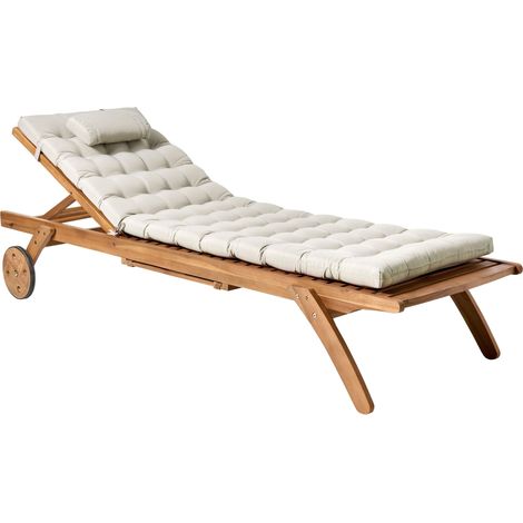 Chaise Longue en Bois d'Acacia Transat Terrasse Patio Incurvé avec Coussin et Roulettes Taupe Cesana Premium