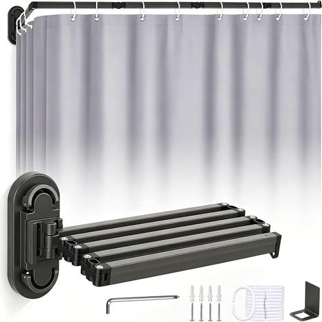 Tringle à rideau de douche sans perçage, 2 ventouses, pliable à 360° avec rideau de douche et 10 anneaux, barre de rideau de douche en forme de L en U pour douche d'angle, douche, maison (1/5)