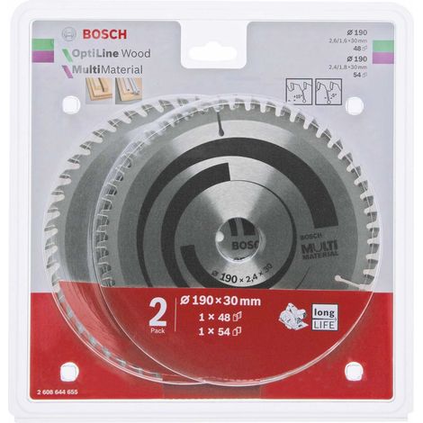 Bosch 2608644655 Optiline Wood + Multi Material Saw Blade Set Diametro 190 mm Foro 30 mm 48 denti + 54 denti colore Nero
