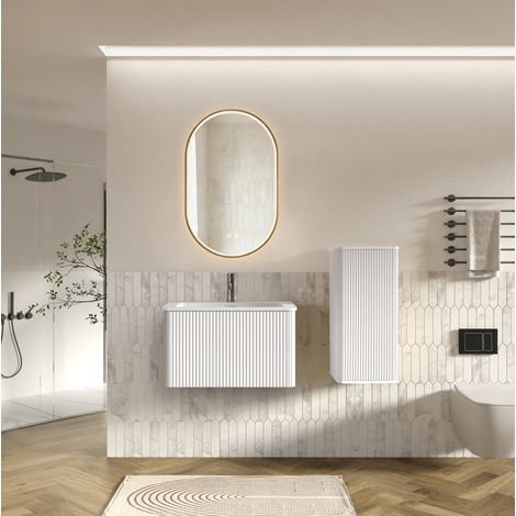 Ensemble meuble vasque suspendu 81 cm en MDF blanc, avec rangement pour salle de bain FloraGrace (1/5)