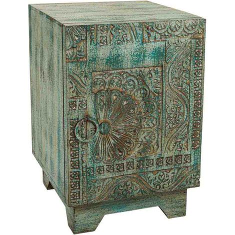 Mesita de madera tallada acabado artesanal azul, 37x40x56h cm (1/5)