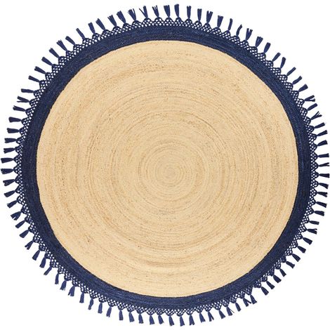 Tapis Boho Rustique en Jute ø 200 cm Naturel Tressé à la Main Rond Beige et Bleu Foncé Marts
